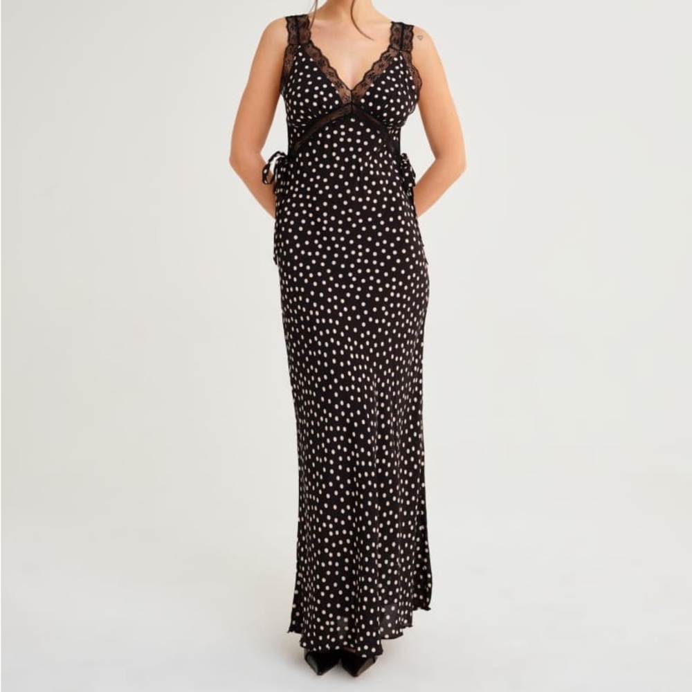 Rumored Black and White Polka Dot Lace-Trim Midi Dress